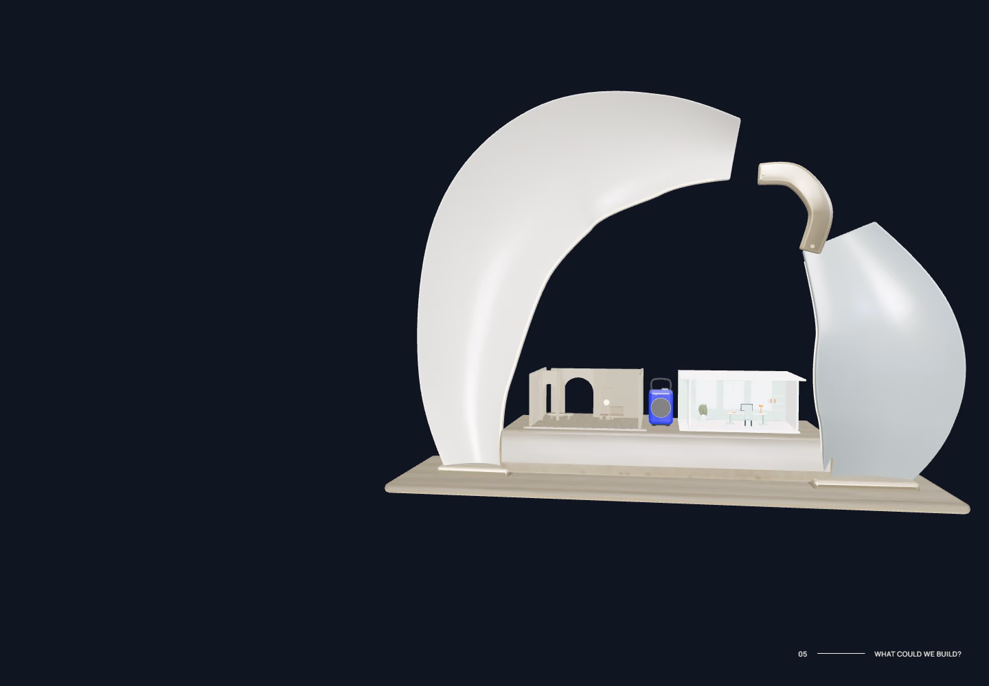 The ceramic portal frames a miniature retreat, portable speaker and mint workspace