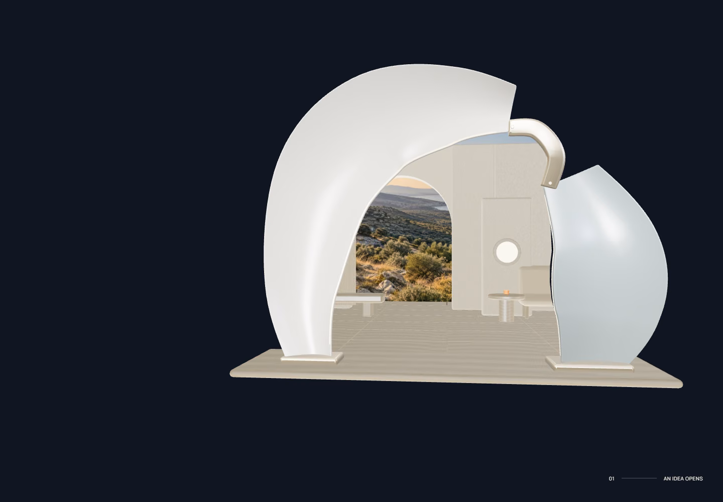 An asymmetrical ceramic portal with metal ribs opens onto a warm architectural retreat