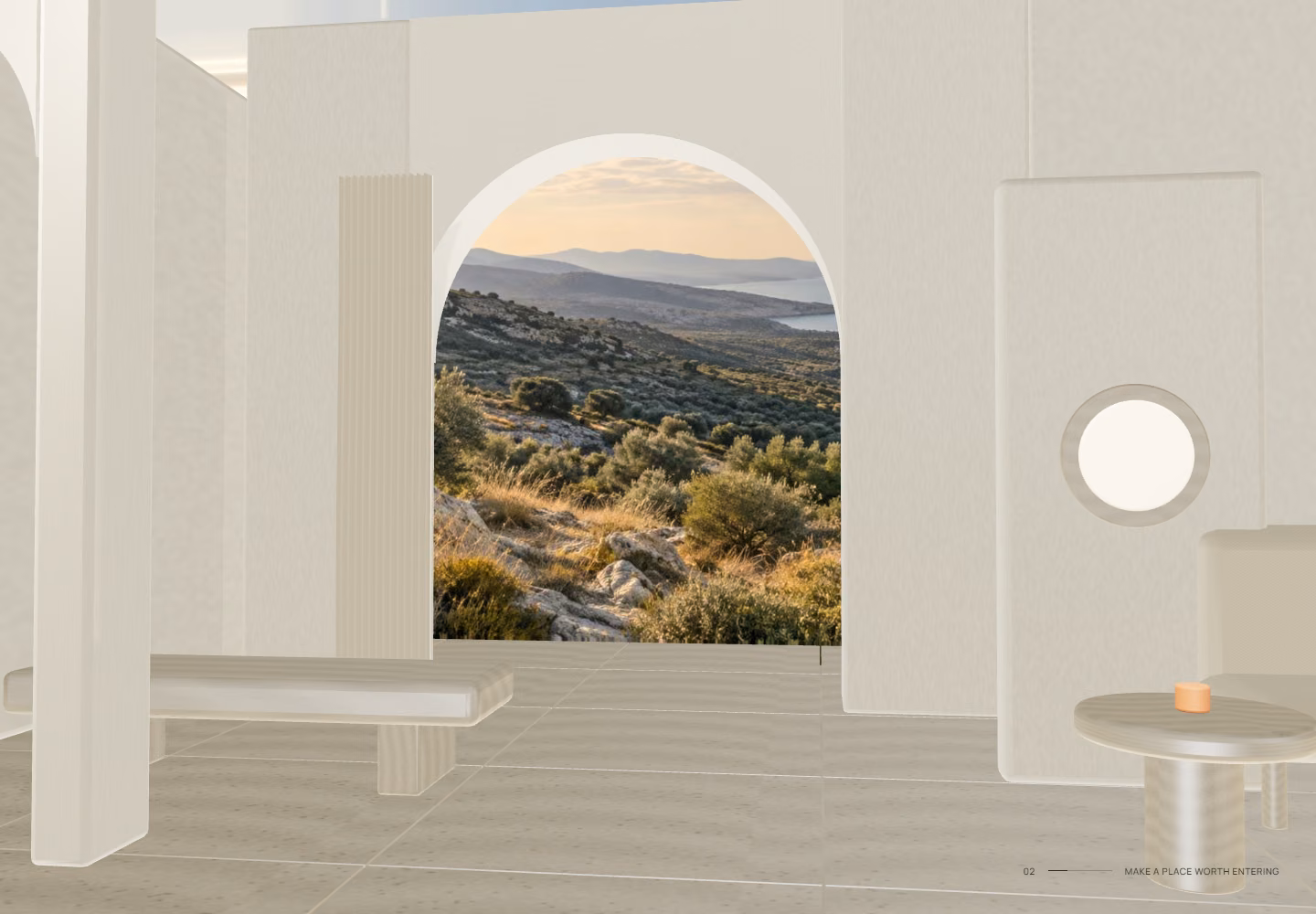 A sunlit retreat of plaster archways, travertine and linen, opening toward a quiet landscape