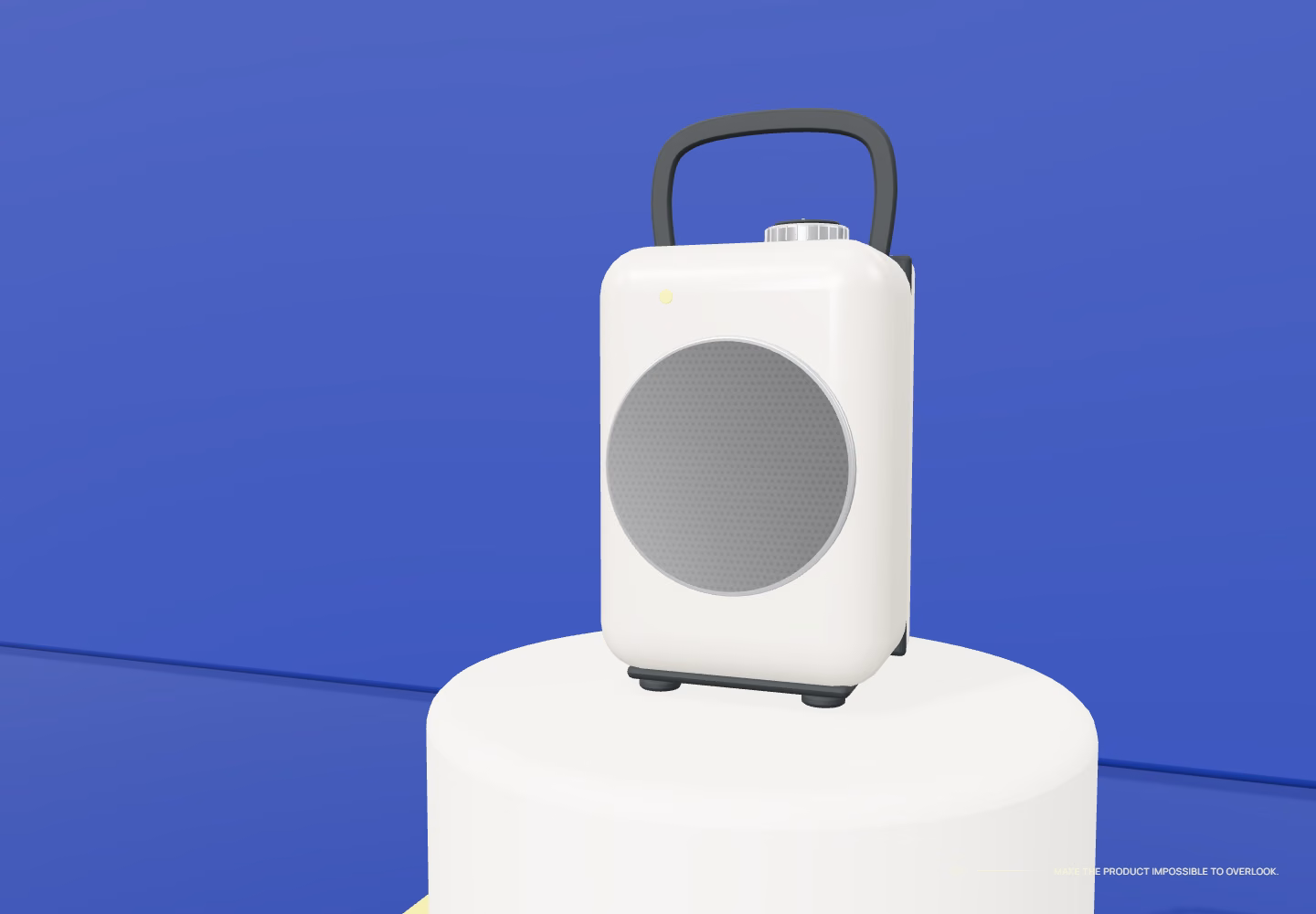 An original portable speaker with a perforated grille, tactile crown and carry loop in a cobalt design atelier