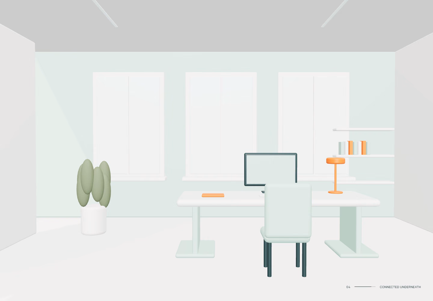 A bright mint workspace with daylight partitions, considered furniture and a quiet booking area